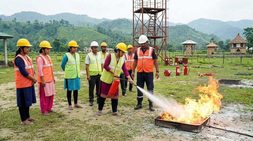 Students receiving practical fire safety training at NEFSA Academy in Northeast India