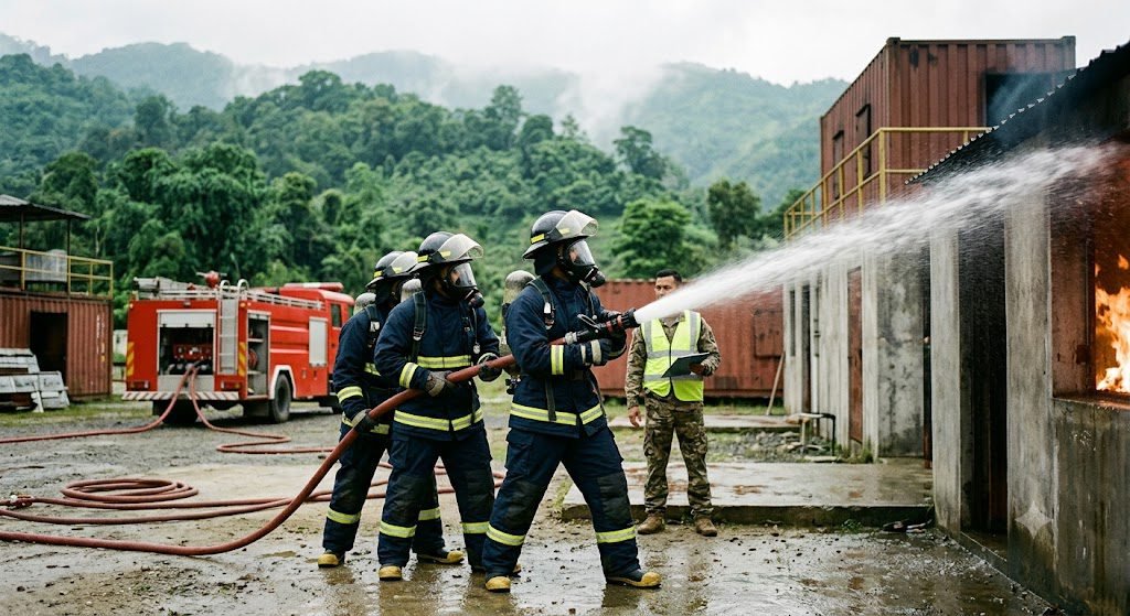 Professional fire fighting training students practicing at NEFSA Fire Academy in Northeast India