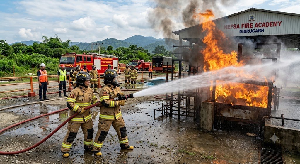 Students learning modern fire fighting techniques at NEFSA Fire Academy Dibrugarh