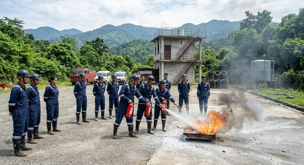 NEFSA Fire Academy students undergoing practical fire safety and firefighting training in Northeast India