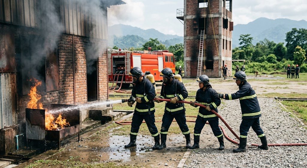 NEFSA Fire Academy students participating in practical fire safety training in Assam